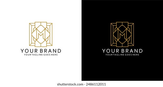 A monogram logo with the letter m forms a geometric box like a monoline ornament emblem giving a simple impression of luxury, elegance and minimalism 
