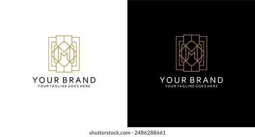 Un logotipo de monograma con la letra m en los marcos geométricos monolíticos apilados en el medio da una impresión de simplicidad, natural, lujo, elegancia y minimalismo 