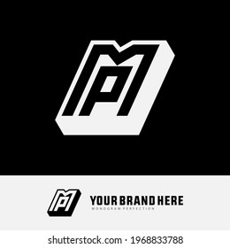 Monogram logo letter M, P, MP or PM modern, simple, sporty, black and white color on black background