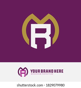 Monogram logo letter M, R, MR or RM modern, simple, sporty, white and gold color on magenta background