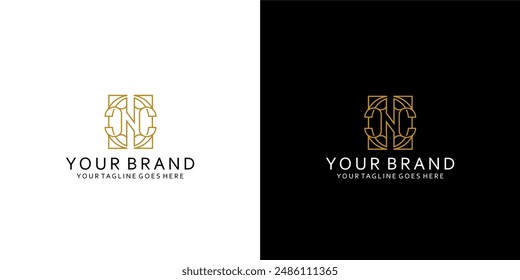 A monogram logo with the letter n c forms a circle of boxes like a monoline ornament emblem giving a simple impression of luxury, elegance and minimalism 