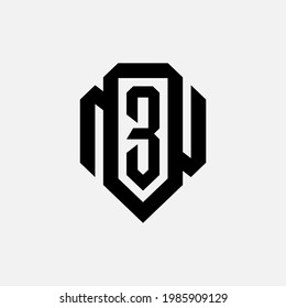 Monogram logo letter O, N, 3, ON3 or 3ON modern, simple, sporty, black color on white background