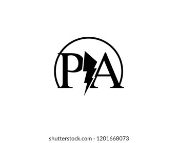 The monogram logo letter PA is split by lightning