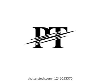 The monogram logo letter PT is sliced black