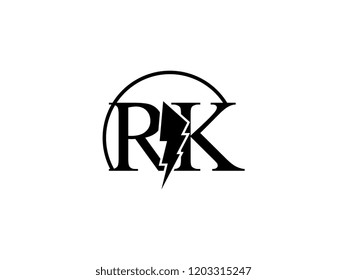 The monogram logo letter RK is split by lightning
