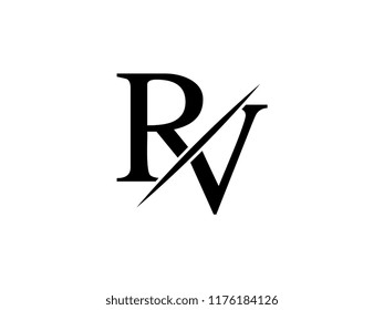 The monogram logo letter RV is sliced
