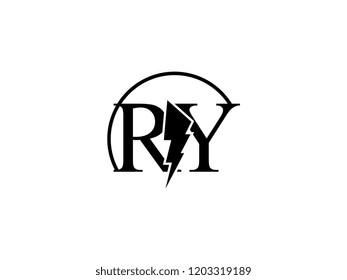 The monogram logo letter RY is split by lightning