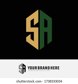 Letra monograma s, A, SA o AS de color moderno, sencillo, deportivo, amarillo y verde sobre fondo negro