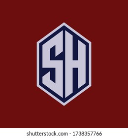 Monogram logo letter S, H, SH or HS modern, simple, sporty, blue and white color on red background