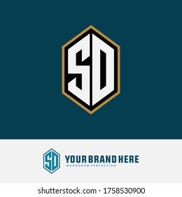 Monogram logo letter S, O, SO or OS modern, simple, sporty, black, white and gold color on blue tosca background