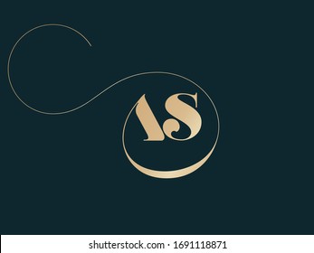 AS monogram logo. Letter a and letter s typographic icon.Decorative swirl lettering sign.Golden alphabet initials isolated on dark background.Modern,elegant,luxury style characters for branding.