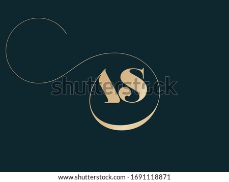 AS monogram logo. Letter a and letter s typographic icon.Decorative swirl lettering sign.Golden alphabet initials isolated on dark background.Modern,elegant,luxury style characters for branding.