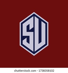 Monogram logo letter S, U, SU or US modern, simple, sporty, blue and white color on red background