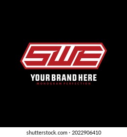 Monogram logo letter S, W, E, SWE, SEW, WES, WSE, ESW or EWS modern, simple, sporty, white and red color on black background