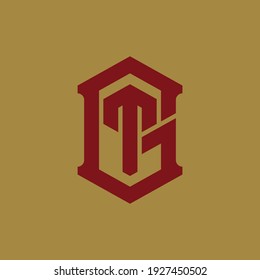 Monogramm-Logo-Buchstaben T, G, TG oder GT `modern, einfach, sportlich, rote Farbe auf goldenem Hintergrund