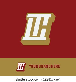 Monogram logo letter T, L, TL or LT `modern, simple, sporty, white and gold color on red background