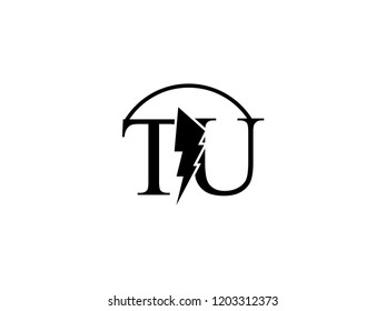 The monogram logo letter TU is split by lightning