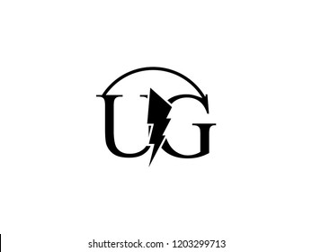 The monogram logo letter UG is split by lightning