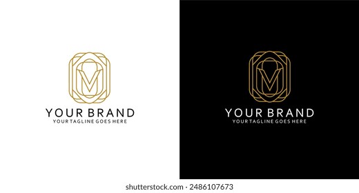 Un logotipo de monograma con la letra V formando una doble curva como un marco de adorno clásico monoline da una impresión simple de lujo, elegancia y minimalismo 