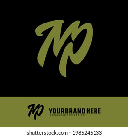 Monogram logo letterM, N, P, MP, PM, NP or PN classic, simple, vintage, green color on black background