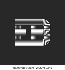 Monogram logo mockup featuring initials EB or BE overlapping parallel thin lines. The design includes two connected letters B and E, black and white color scheme, created in a linear minimal style.