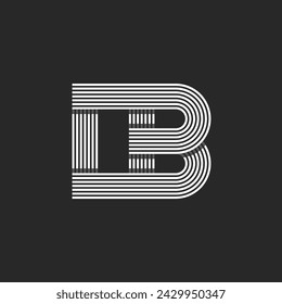 Monogram logo mockup: IB or BI initials. Overlapping parallel lines, black and white. Two linked letters, I and B, connected by linear thin stripes. Minimal style typography design.