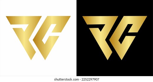  monogram logo PC. Vector icon containing letter . Uppercase serif lettering in black and white gold colour.