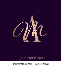 AM monogram logo in rose gold metallic color isolated on dark background.Typographic icon with uppercase block letter A and calligraphic letter m intertwined.