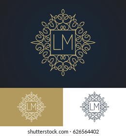 Monogram logo set vintage line style gold color isolated on background for use spa service, hotel label, business emblem, greeting card, wedding invitation etc. Decoration element