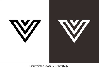 monogram logo in the shape of an inverted triangle that forms the letter "V". black and white background.