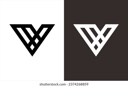 monogram logo in the shape of an inverted triangle that forms the letter "V". black and white background.