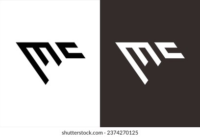 monogram logo in the shape of an inverted triangle that forms the letters "M" and "C". black and white background.