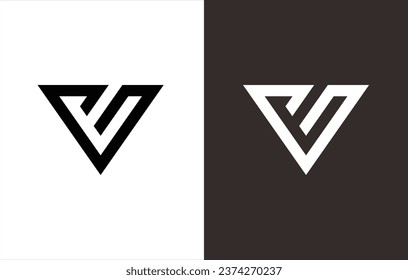 monogram logo in the shape of an inverted triangle that forms the letters "V" and "F". black and white background.