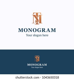 Monogram logo. Monogram t m blue gold logotype. Antique premium template