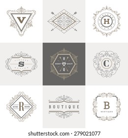 Monogram logo template with flourishes calligraphic elegant ornament elements. Identity design with letter for cafe, shop, store, restaurant, boutique, hotel, heraldic, fashion and etc.