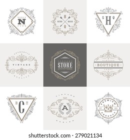 Monogram logo template with flourishes calligraphic elegant ornament elements. Identity design with letter for cafe, shop, store, restaurant, boutique, hotel, heraldic, fashion and etc.