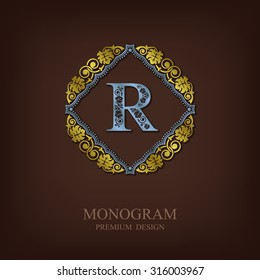 Monogram logo template with flourishes calligraphic elegant ornament elements, Letter emblem R, Elegant line art logo, Business sign for Royalty, Boutique, Cafe, Hotel, Heraldic, Jewelry, Wine