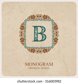Monogram logo template with flourishes calligraphic elegant ornament elements, Letter emblem B, Elegant line art logo, Business sign for Royalty, Boutique, Cafe, Hotel, Heraldic, Jewelry, Wine