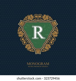 Monogram logo template with flourishes calligraphic elegant ornament elements, Letter emblem R, Elegant line art logo, Business sign for Royalty, Boutique, Cafe, Hotel, Heraldic, Jewelry, Wine