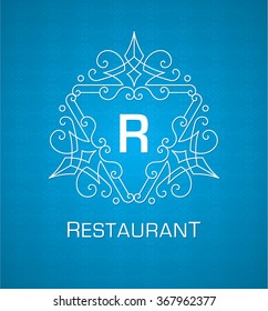 Plantilla de logotipo de monograma con florecientes elementos caligráficos elegantes adornos sobre fondo azul