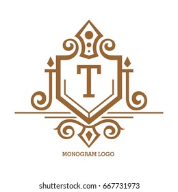 Monogram logo template with flourishes calligraphic elegant ornament elements. Identity design with letter for cafe, shop, store, restaurant, boutique, hotel, heraldic, fashion and etc.