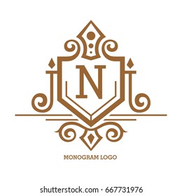 Monogram logo template with flourishes calligraphic elegant ornament elements. Identity design with letter for cafe, shop, store, restaurant, boutique, hotel, heraldic, fashion and etc.