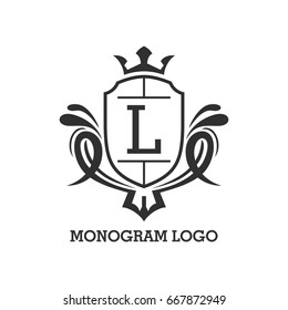 Monogram logo template with flourishes calligraphic elegant ornament elements. Identity design with letter for cafe, shop, store, restaurant, boutique, hotel, heraldic, fashion and etc.