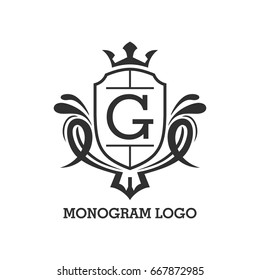 Monogram logo template with flourishes calligraphic elegant ornament elements. Identity design with letter for cafe, shop, store, restaurant, boutique, hotel, heraldic, fashion and etc.