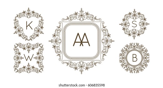 Monogram logo and text badge emblem line art vector illustration luxury template flourishes calligraphic leaves elegant ornament sign.