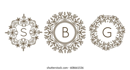 Monogram logo and text badge emblem line art vector illustration luxury template flourishes calligraphic leaves elegant ornament sign.