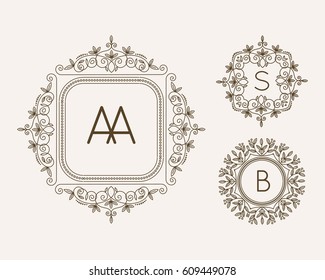 Monogram logo and text badge emblem line art vector illustration luxury template flourishes calligraphic leaves elegant ornament sign.
