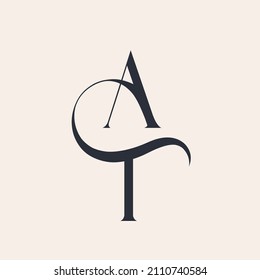 AT monogram logo. Typographic letter a, letter t signature icon. Lettering sign isolated on light background. Wedding, fashion, beauty alphabet initials. Elegant, luxury style characters.