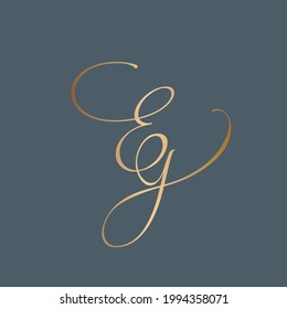 EG monogram logo.Calligraphic signature icon.Decorative letter e and letter g.Lettering sign isolated on dark fund.Alphabet initials.Hand drawn, elegant, luxury, wedding script style.Gold color.