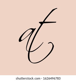 AT monogram logo.Calligraphic style typographic icon.Overlap script lettering sign.Signature alphabet initials isolated on pink background.Hand written letter p and letter t.Modern characters shape.
